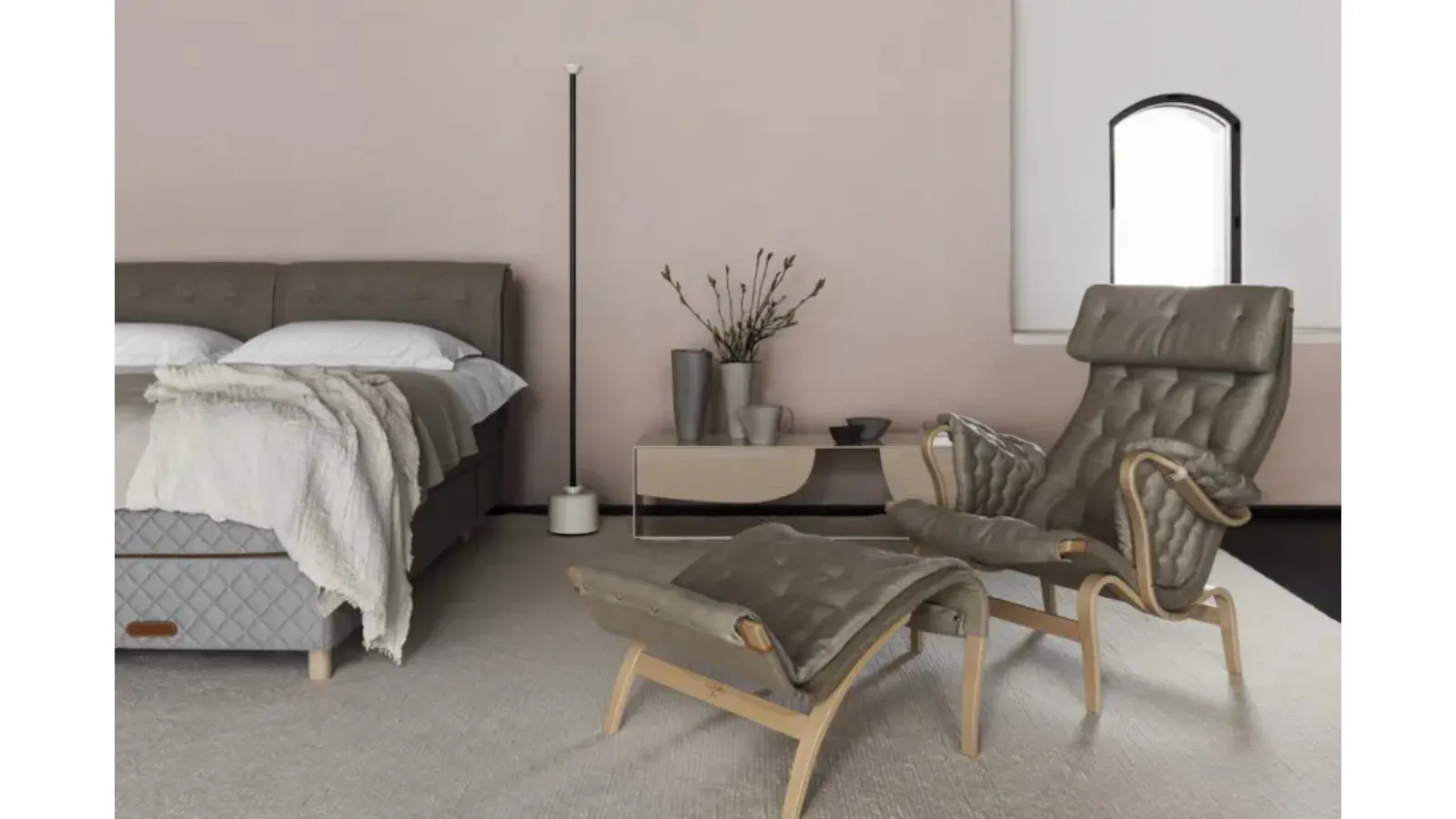 Bed with quilted fabric headboard by Duxiana