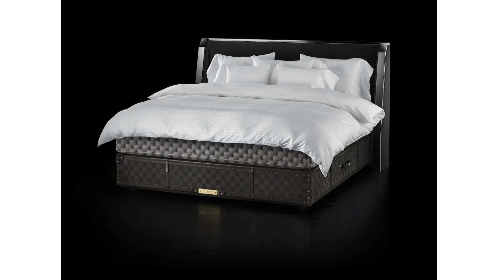 Fabric bed with Grand Vividus Phantom Charcoal headboard by Hastens