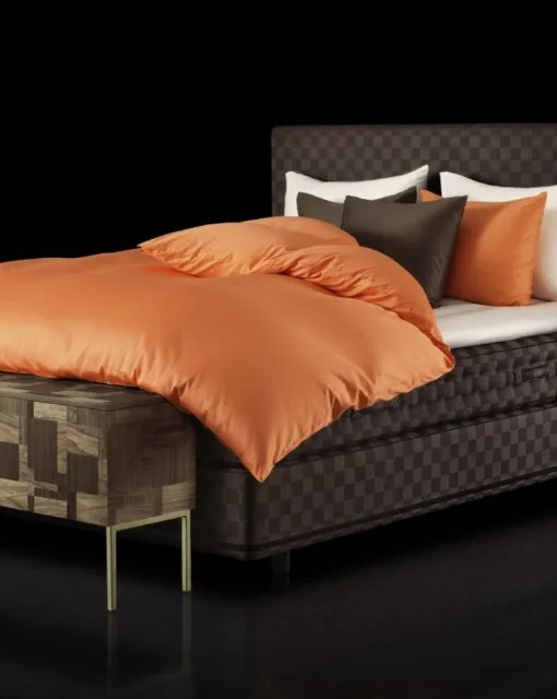 Marwari bed in fabric with Hastens headboard